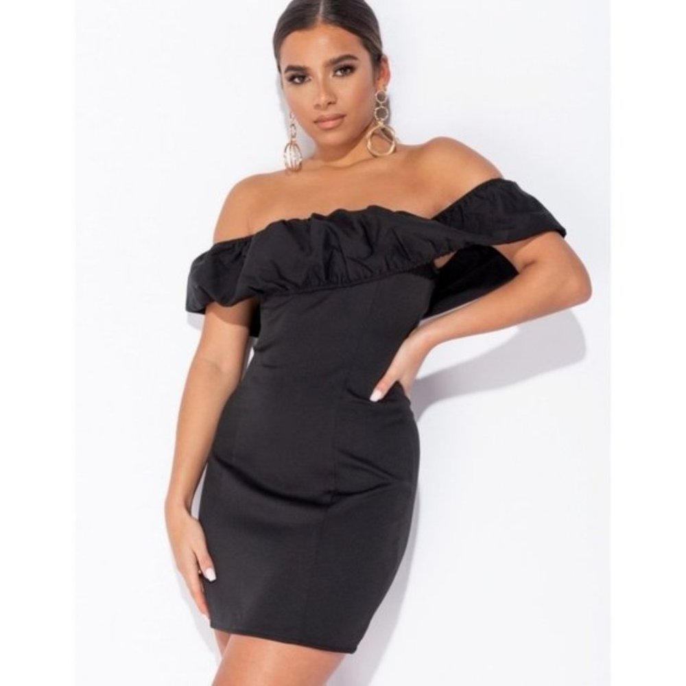 Black Off Shoulder Short Sleeve Bodycon Mini Dress - Picture 5 of 7